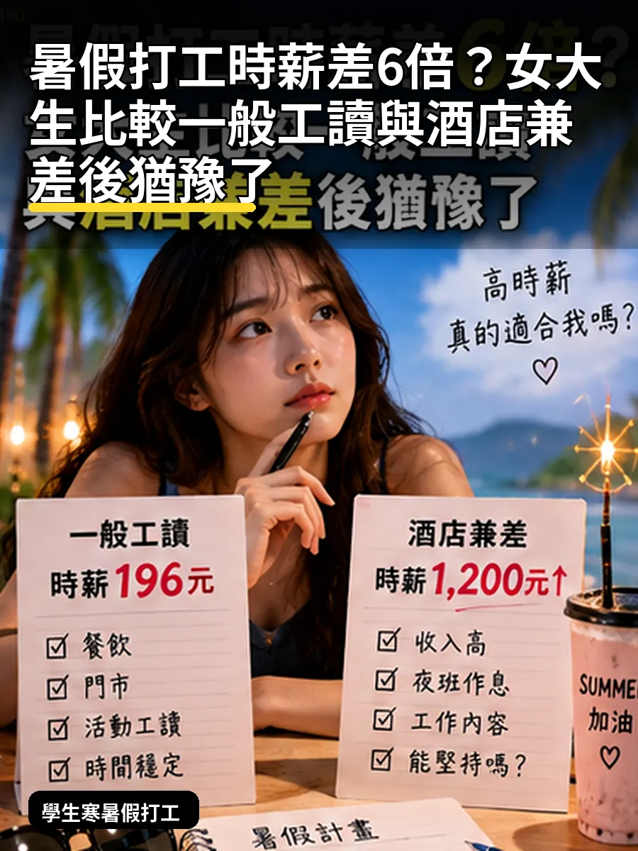 暑假打工時薪差6倍?女大生比較一般工讀與酒店兼差後猶豫了 暑假打工時薪差6倍?女大生比較一般工讀與酒店兼差後猶豫了