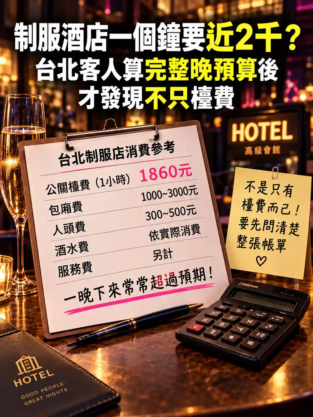 制服酒店一個鐘要近2千？台北客人算完整晚預算後才發現不只檯費